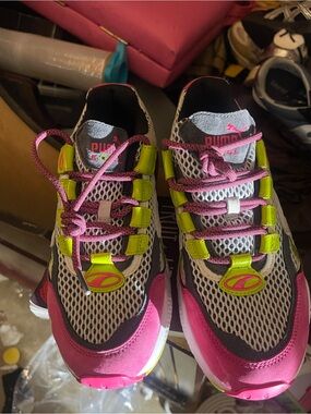 Puma Kids Neon Pink and Lime Green Mesh Sneakers